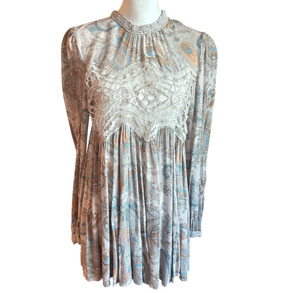 Free People Dress Size Small Sweet Thing Paisley Print Mini Dress Crochet Detail